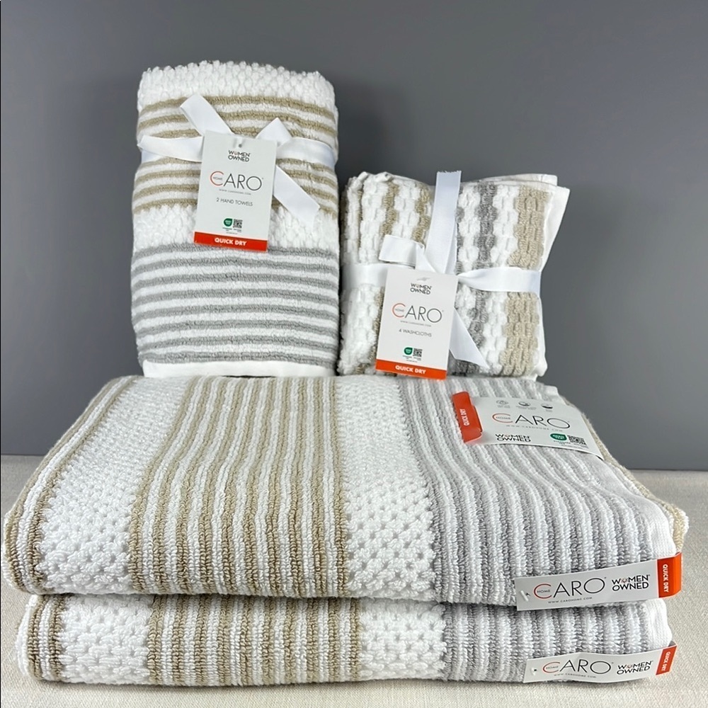 Caro Home Bath Towel Set White Gray Tan Stripe Plush Bath Hand Wash 8 Pc NEW